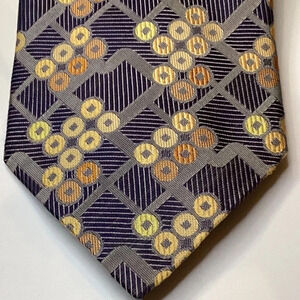 Enrico Venture Italian Blue 100% Silk Tie with Yellow & Orange Circle Print